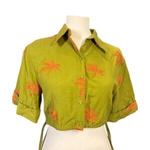 MAAC Zurri embroidered pal crop collared button up blouse green XS